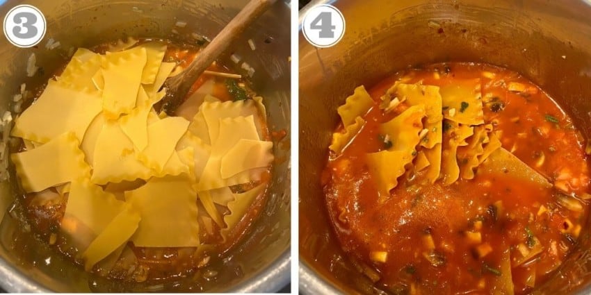 steps three and four showing cooking lasagna noodles 