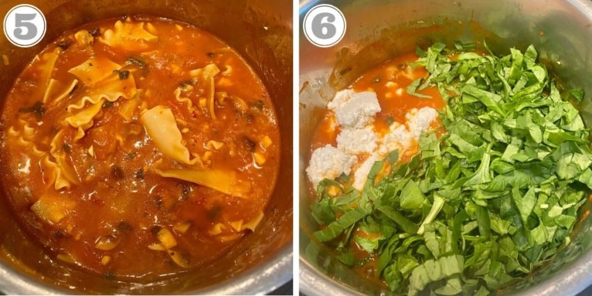 steps five and six showing adding spinach to cooked lasagna 