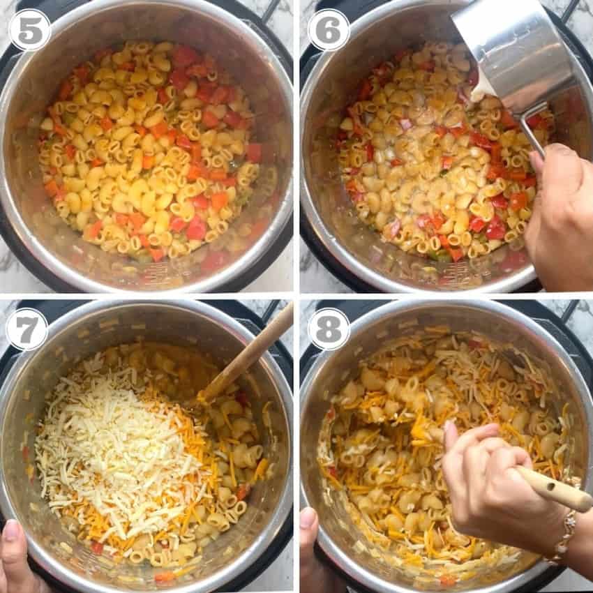 steps five through eight of making instant pot mac n cheese 