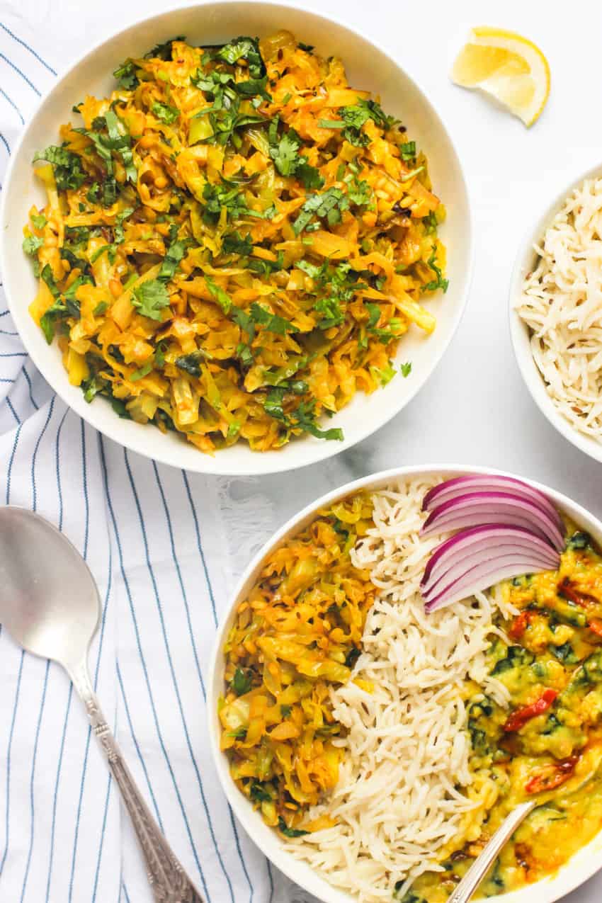 Patta Gobi sabzi served with cumin rice and dal 