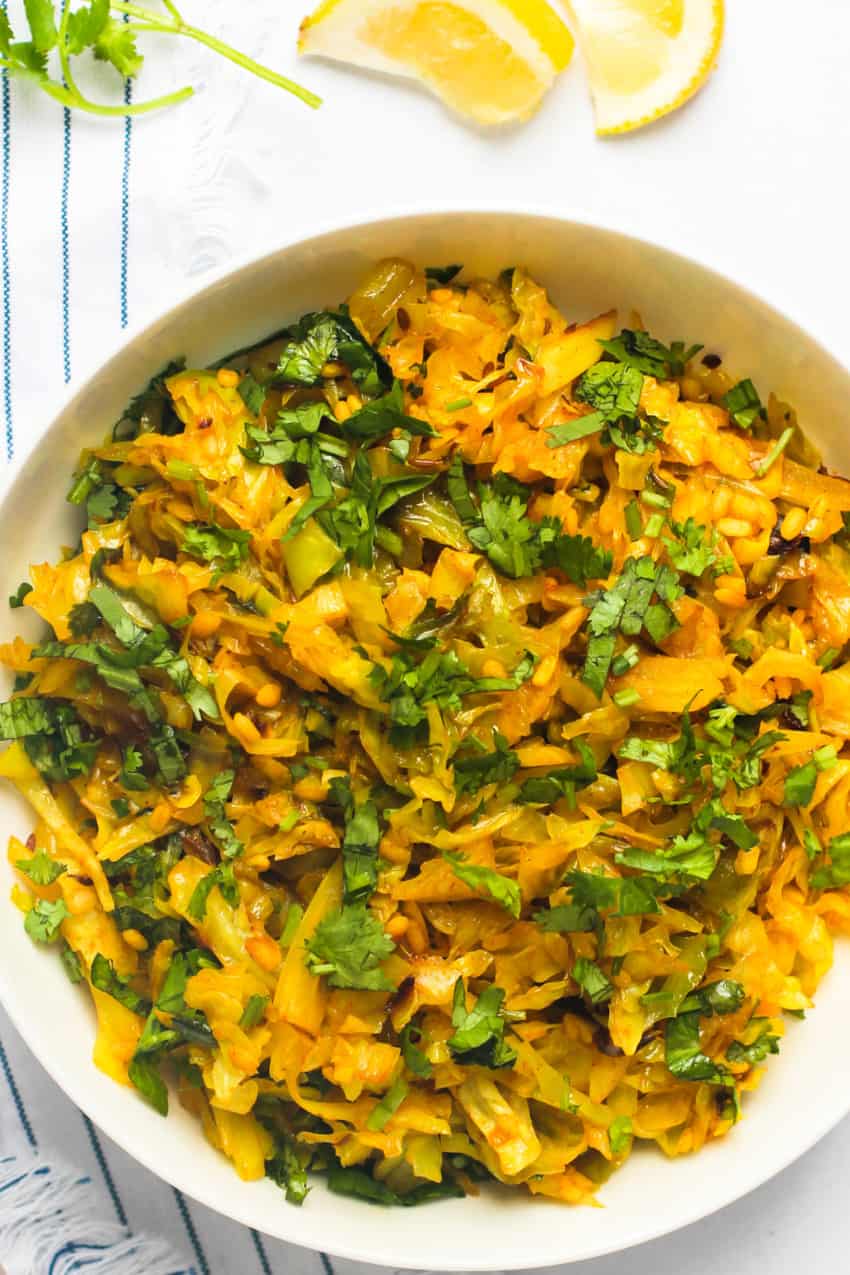 Patta Gobi sabzi in a white bowl 
