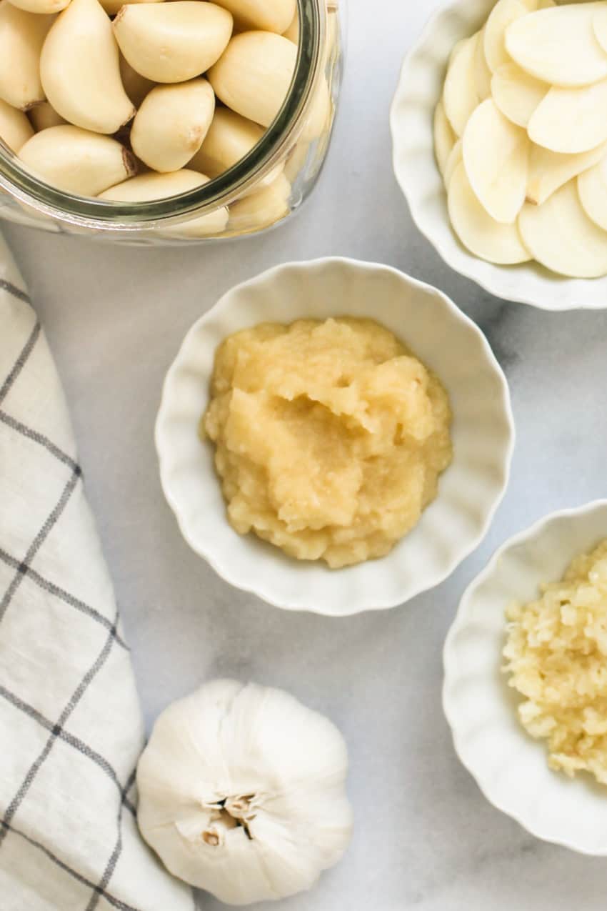 peeled garlic, galic paste and sliced garlic