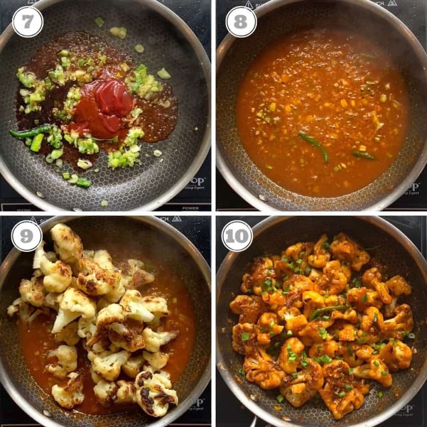 Making the sauce for Gobi Manchurian and adding fried cauliflower to it 