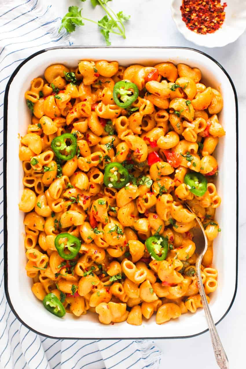 spice mac n cheese in a serving tray  