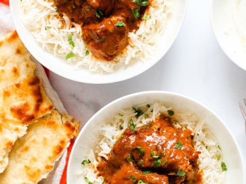 Butter Chicken served with rice and naan