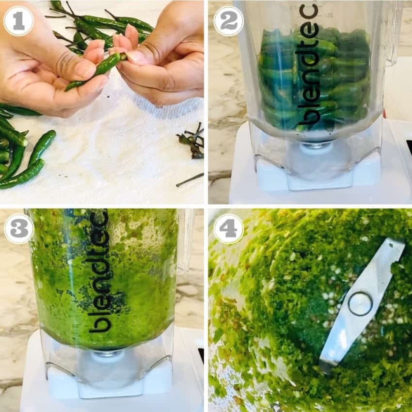 photos one through four showing how to make green chili paste 