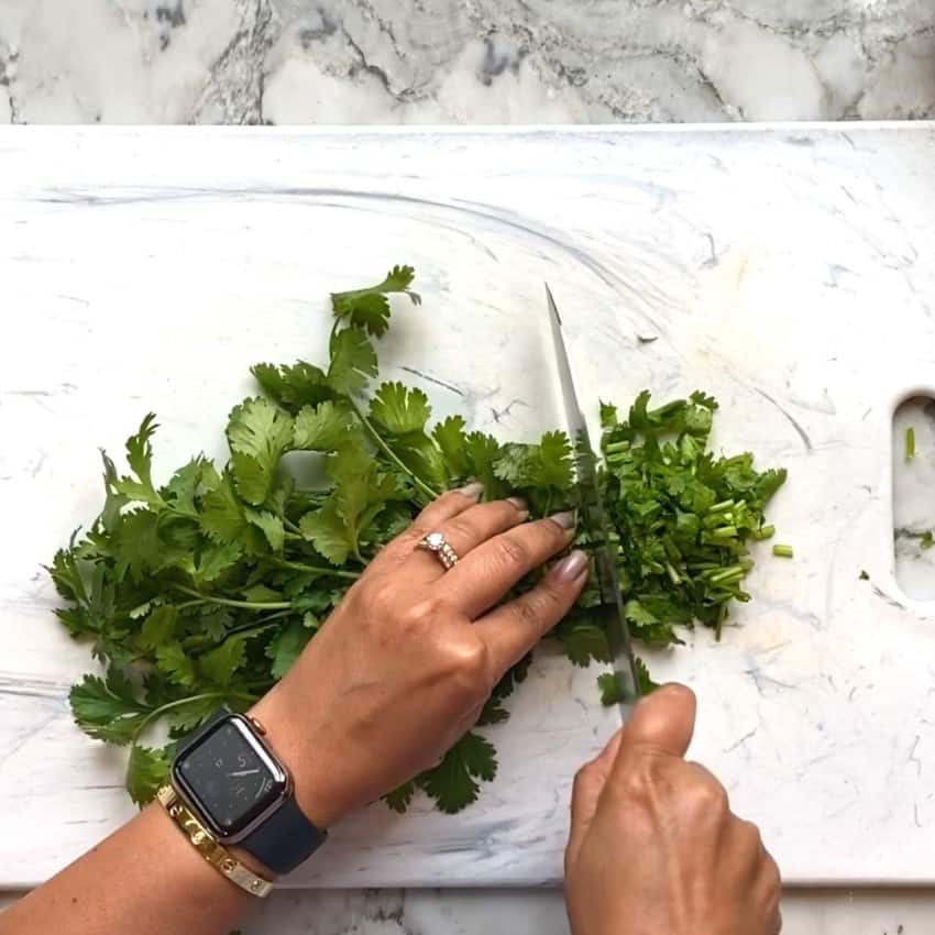 coarsely chopping cilantro leaves 