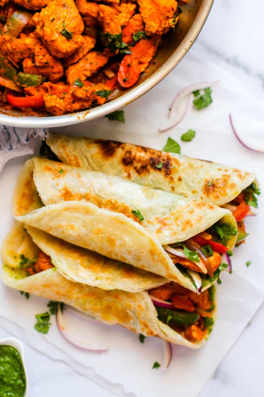 Kathi rolls with a pan of filling 