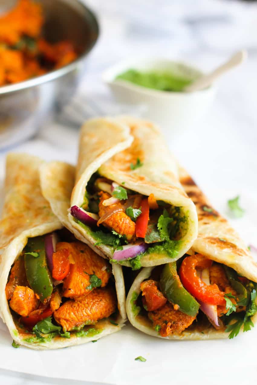 3 chicken kathi rolls stacked