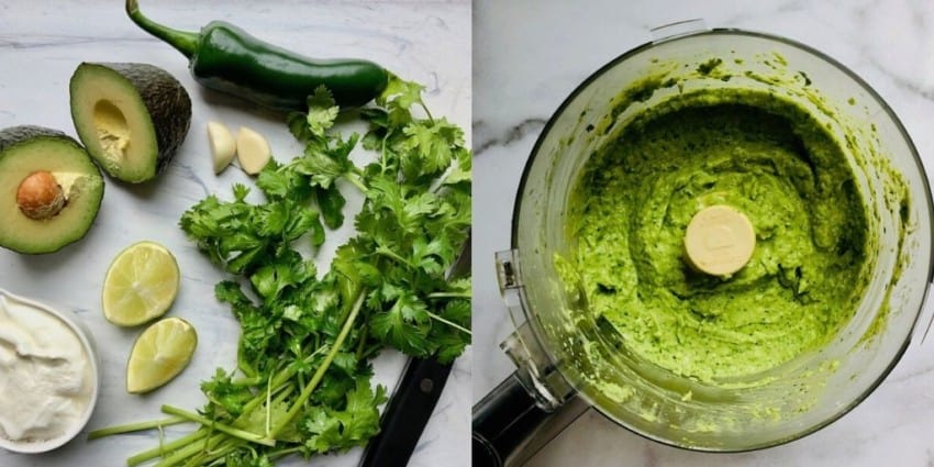 cilantro avocado sauce ingredients and blended sauce in food processor 