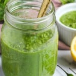 cilantro mint chutney in a mason jar