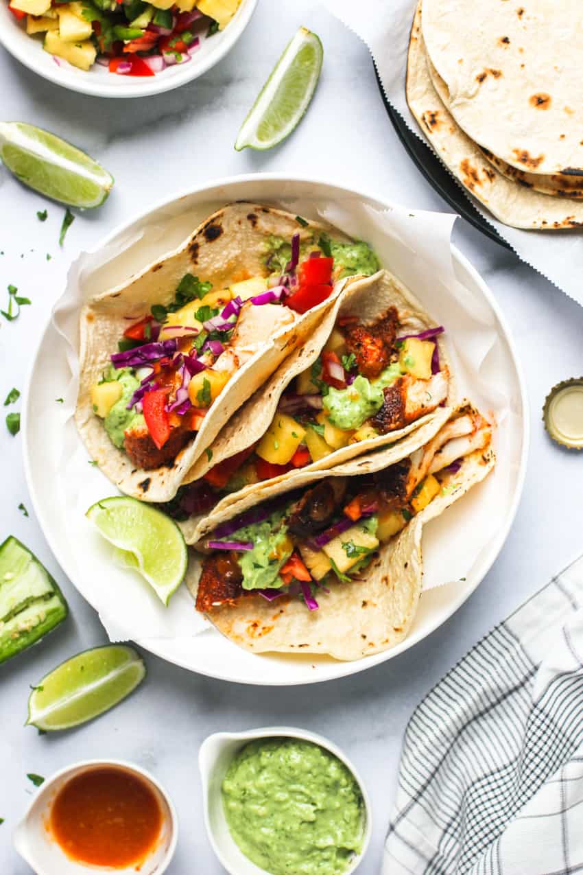 blackened fish tacos served in a white bowl 