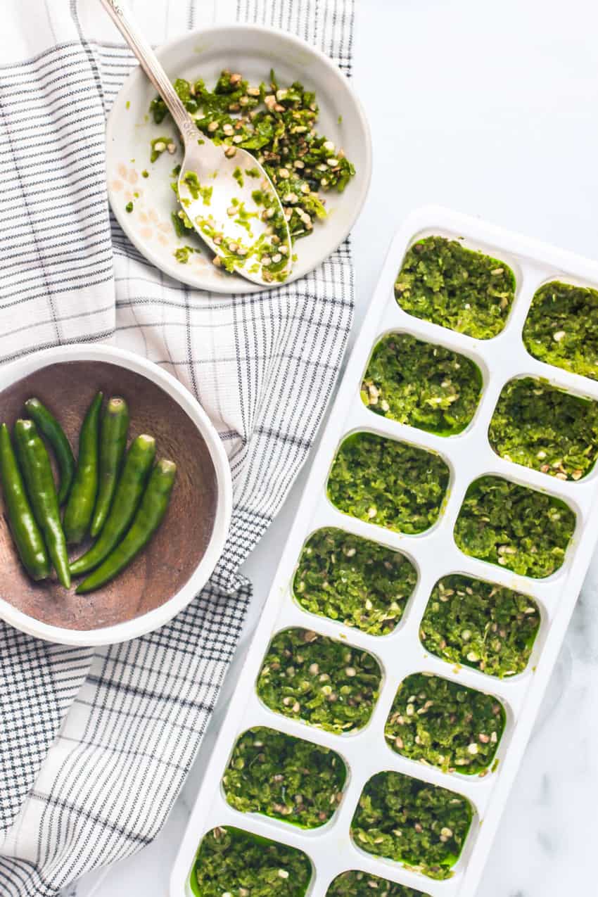 green chili paste in a silicone ice cube tray 