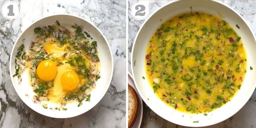 whisked eggs with onions, chili & cilantro 