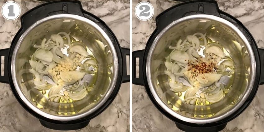 steps one through two cooking onions in Instant Pot