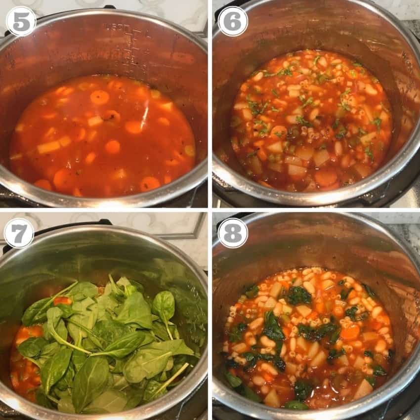 steps five through eight showing adding broth and spinach to soup