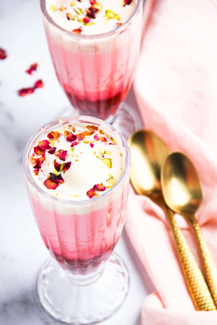 Rose Falooda served in 2 glasses 