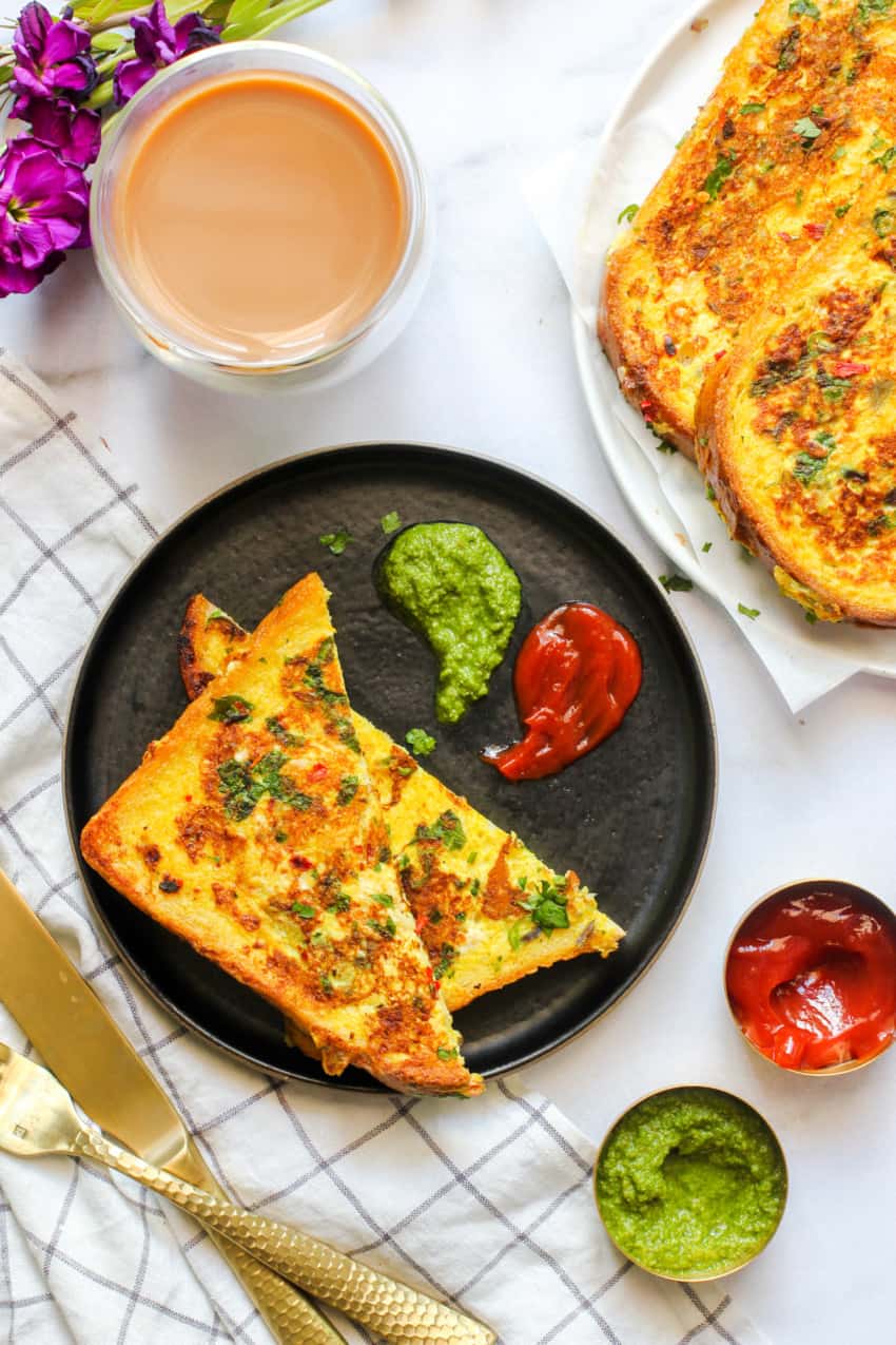 savory french toast served with chutney, ketchup & chai. 