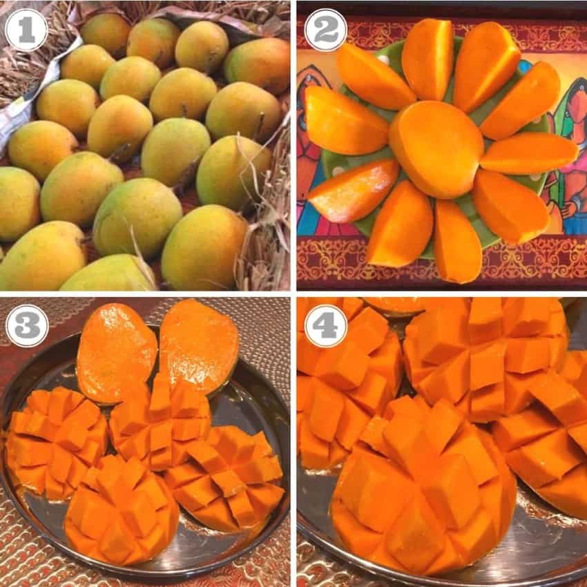 photos of mangoes in a box and cut up