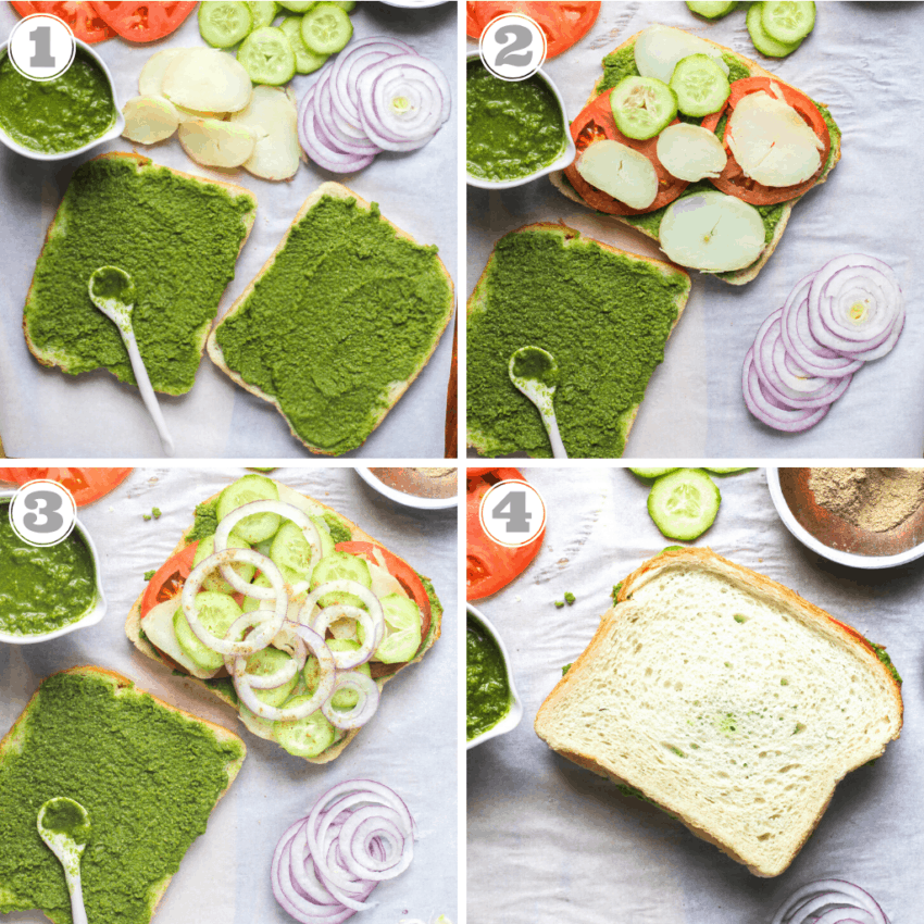 steps one through four of making bombay sandwich 