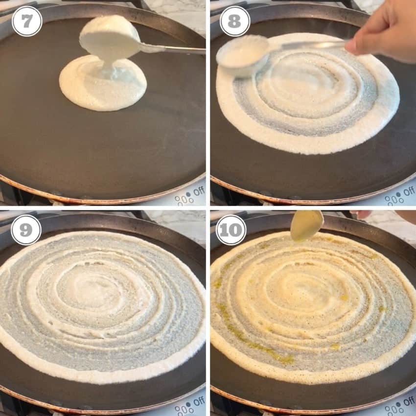 steps seven through ten showing how to make dosa 