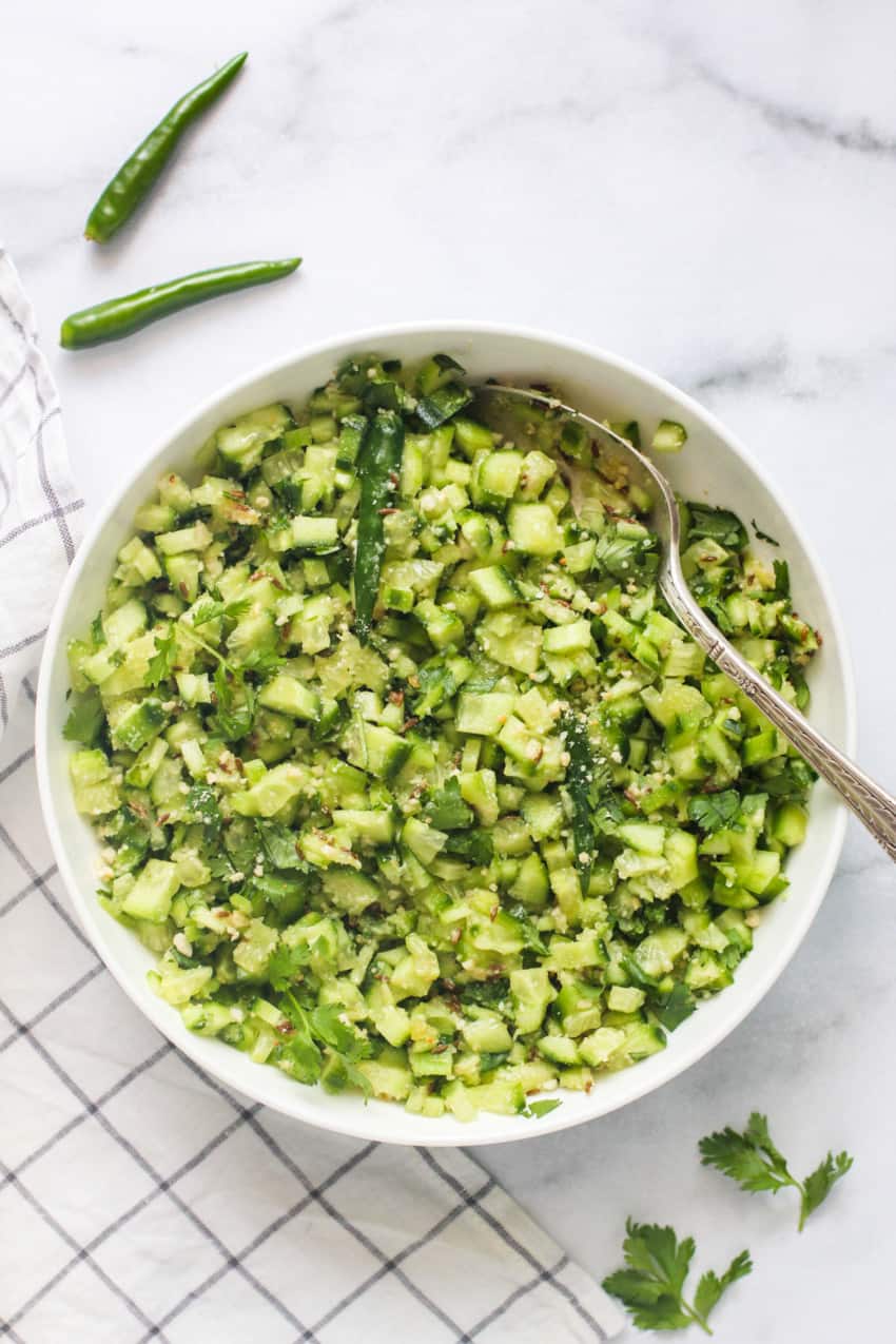 koshimbir, cucumber salad in a white bowl