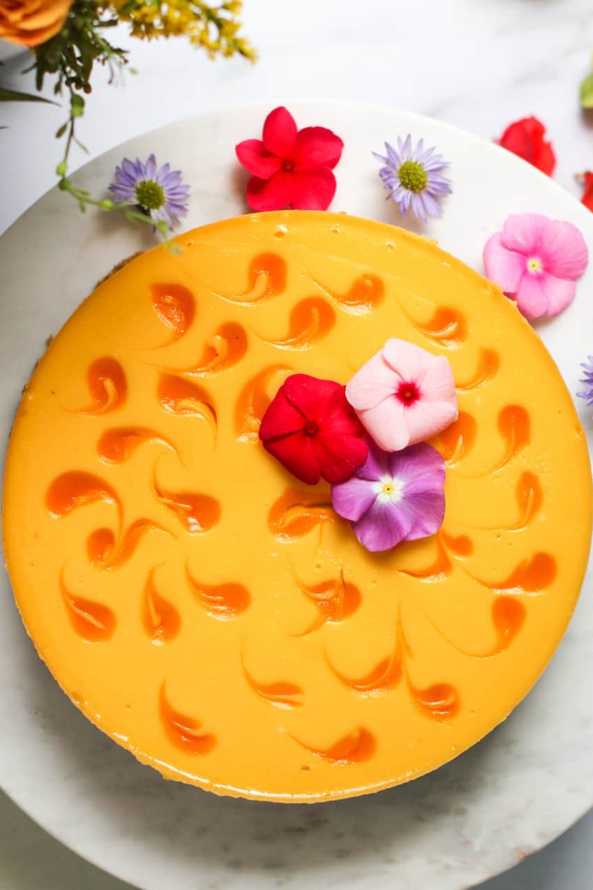 Mango Cheesecake on a white platter