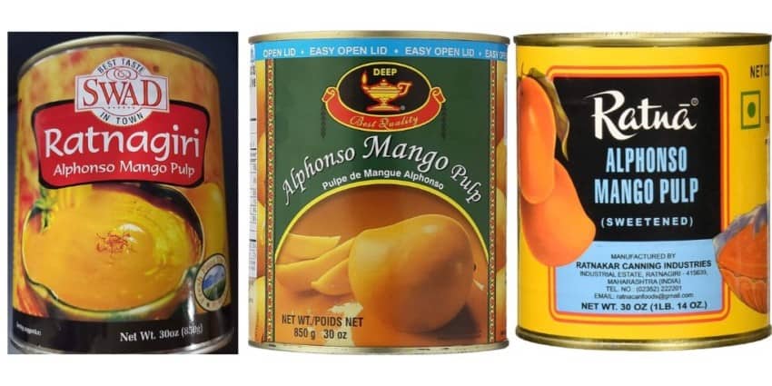 mango pulp cans from 3 different brands 