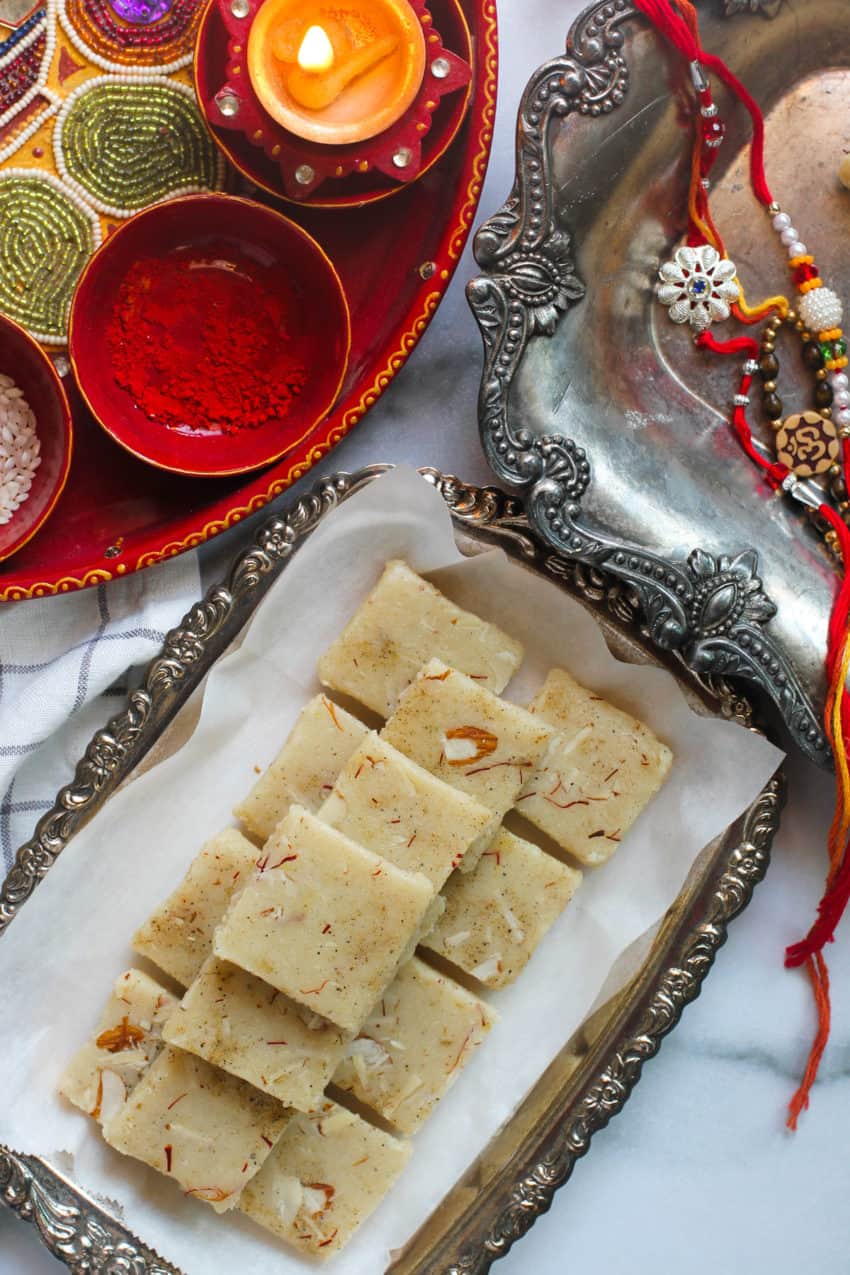 badam burfi in a tray 