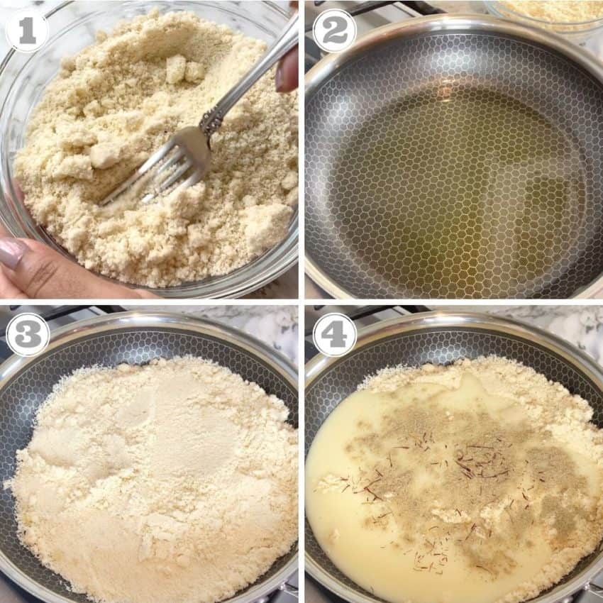 cooking badam burfi in a pan 