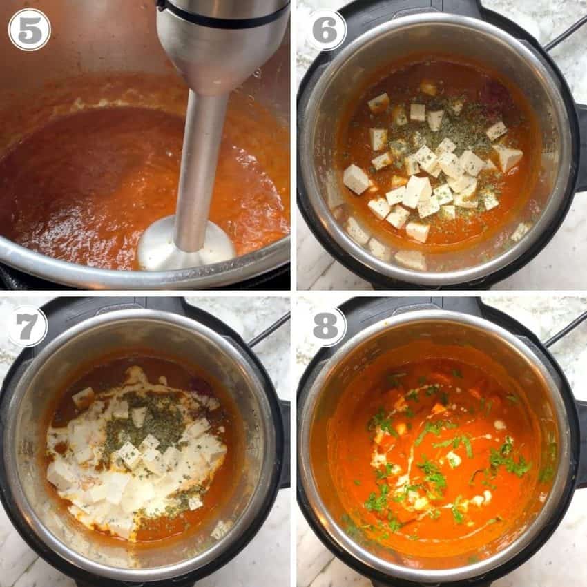 blending tha sauce and adding paneer, cream and garnish 