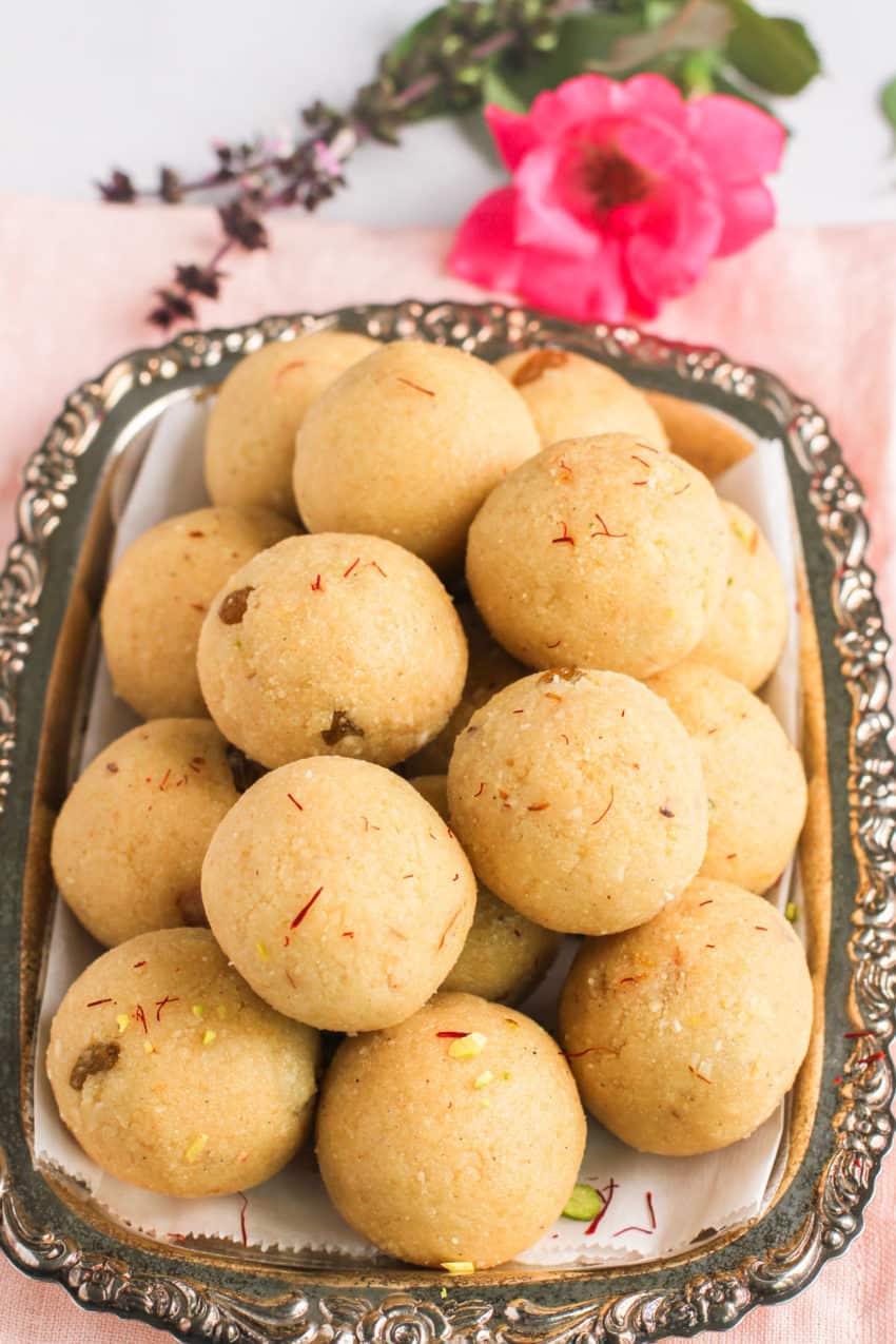 rava ladoo in a silver platter