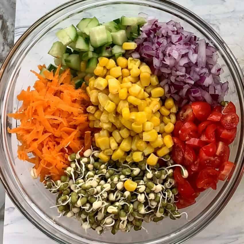 Ingredients for mung bean salad in a bowl 