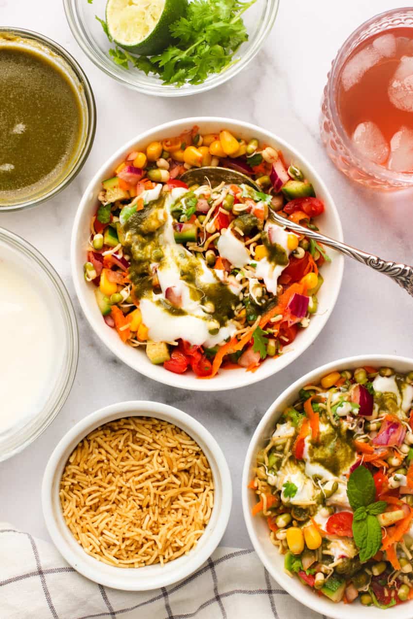 mung bean salad topped with green chutney and yogurt