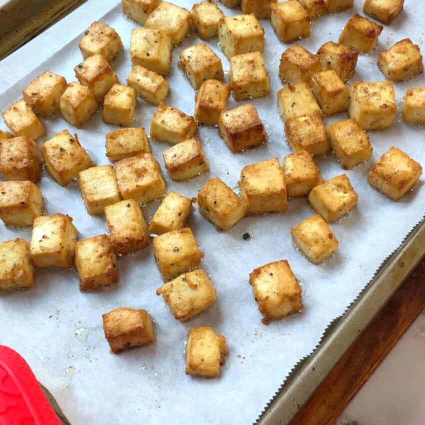 baled tofu on a baking tray 