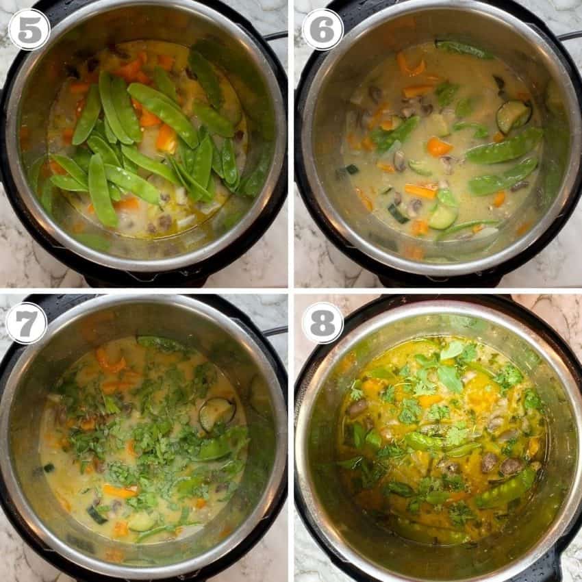 steps five through eight of making Thai Green curry in the instant pot