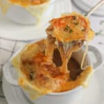 French onion soup in a white bowl