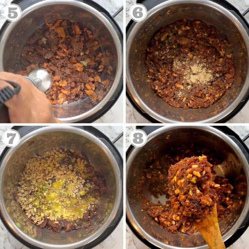 steps 5 to 8 showing how to make fig & walnut halwa 
