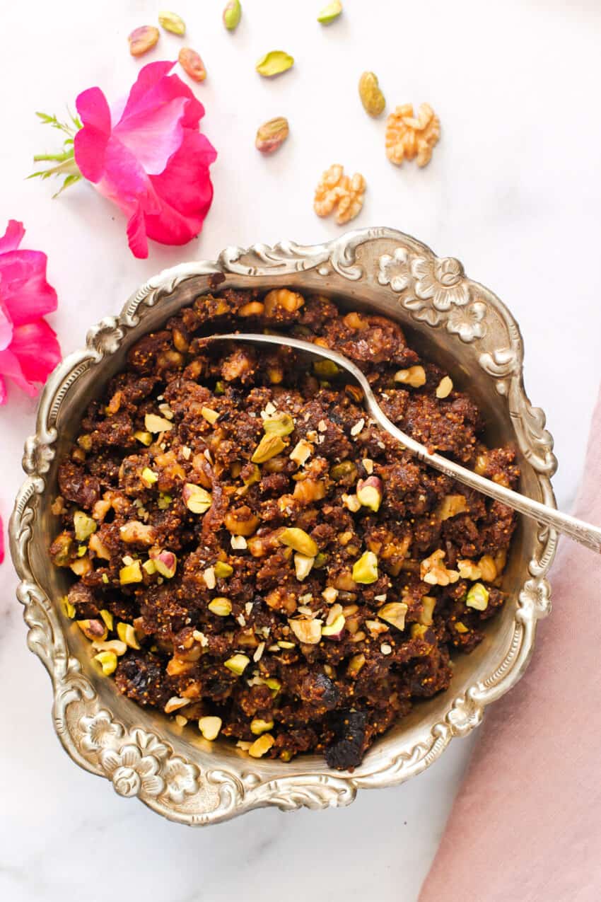 Fig & Walnut halwa served in a silver bowl