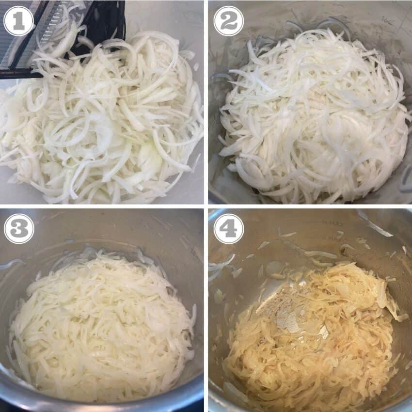 steps one through four of making french onion soup