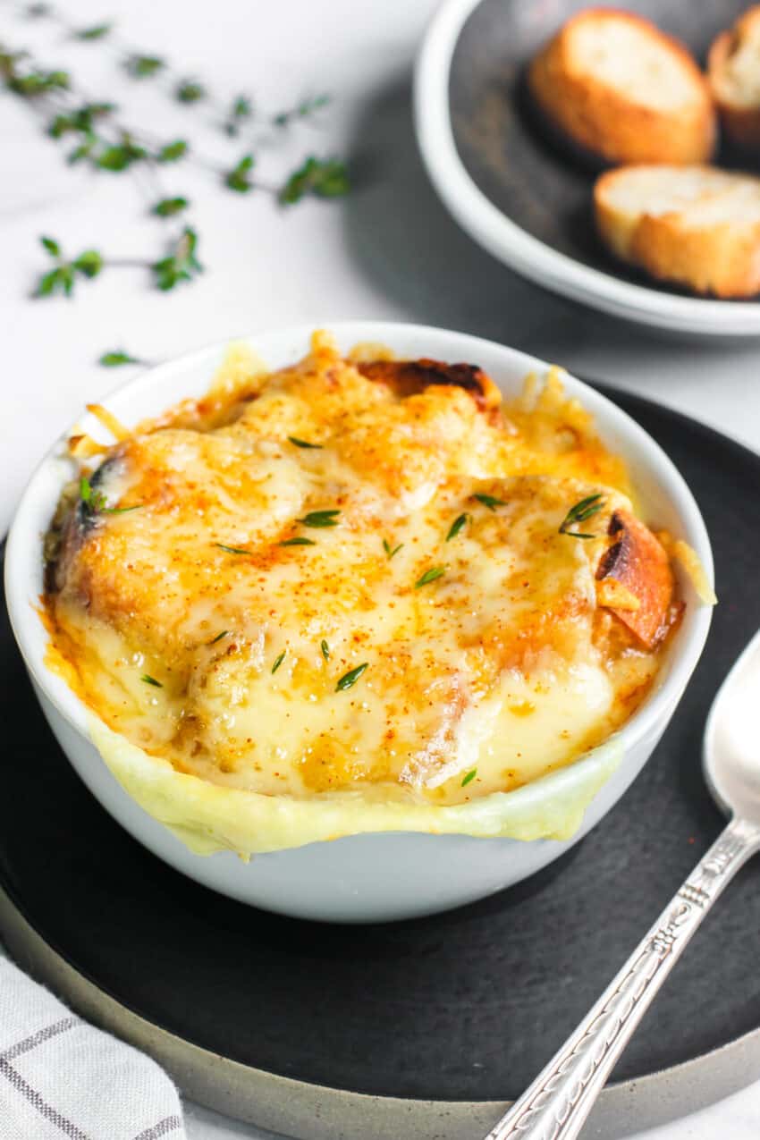 French onion soup in a white bowl 