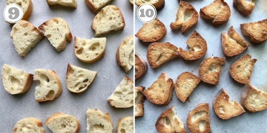 steps nine and ten showing how to make croutons 