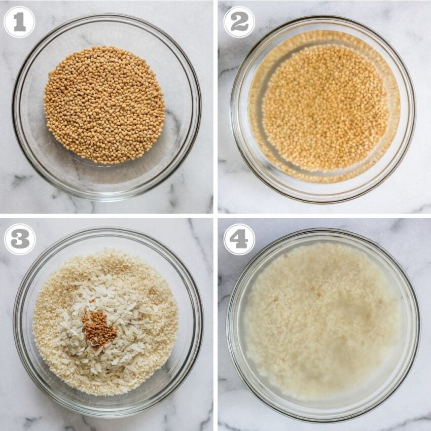 Steps one through four of making idli batter