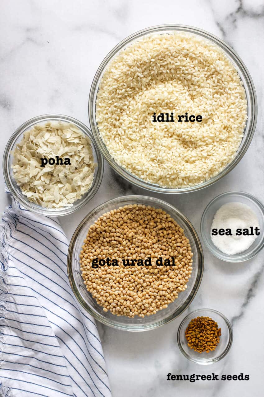 Ingredients in bowls for idli batter