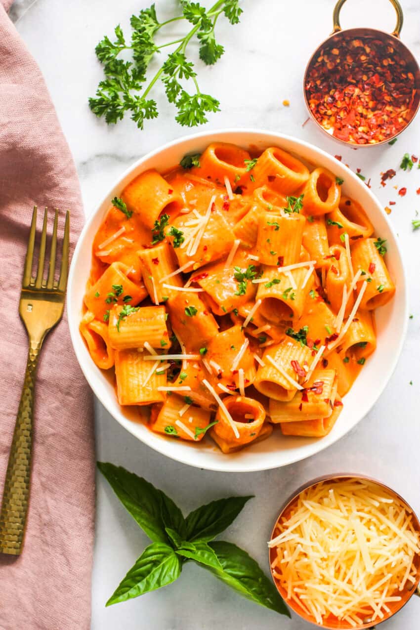 penne alla vodka pasta in a bowl 