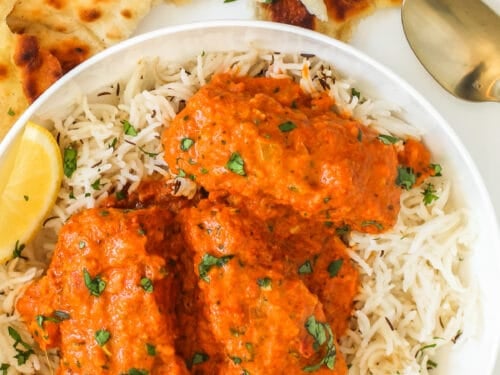 salmon tikka masala served over rice
