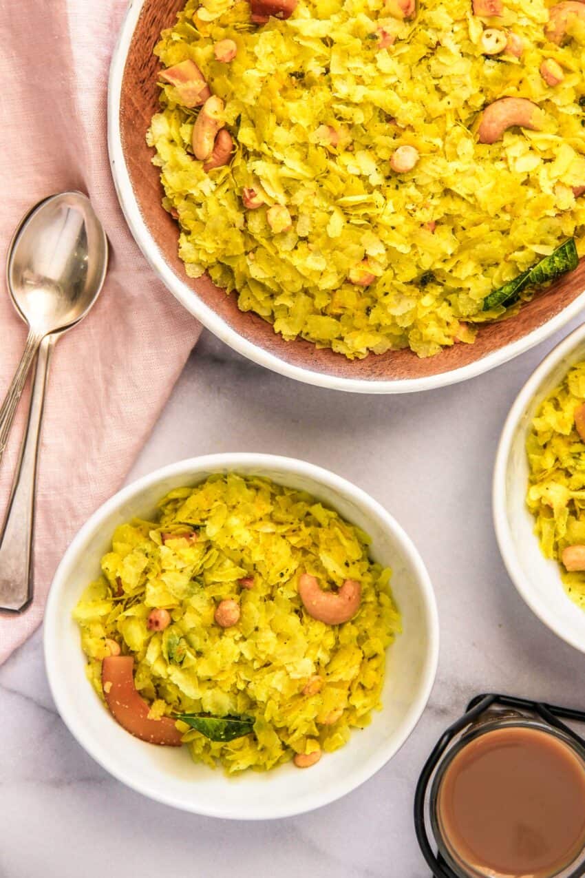 Poha Chivda in 3 bowls 