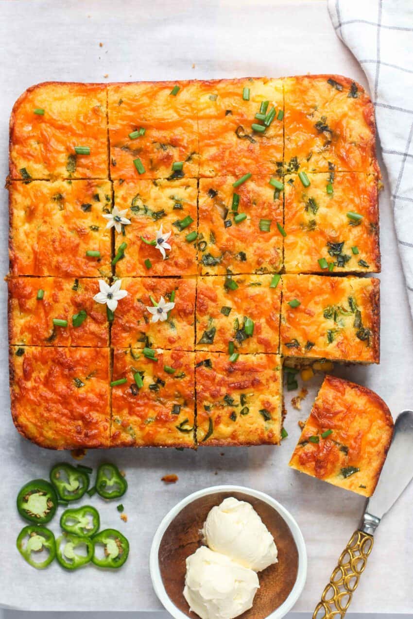 jalapeno cornbread cut in squares