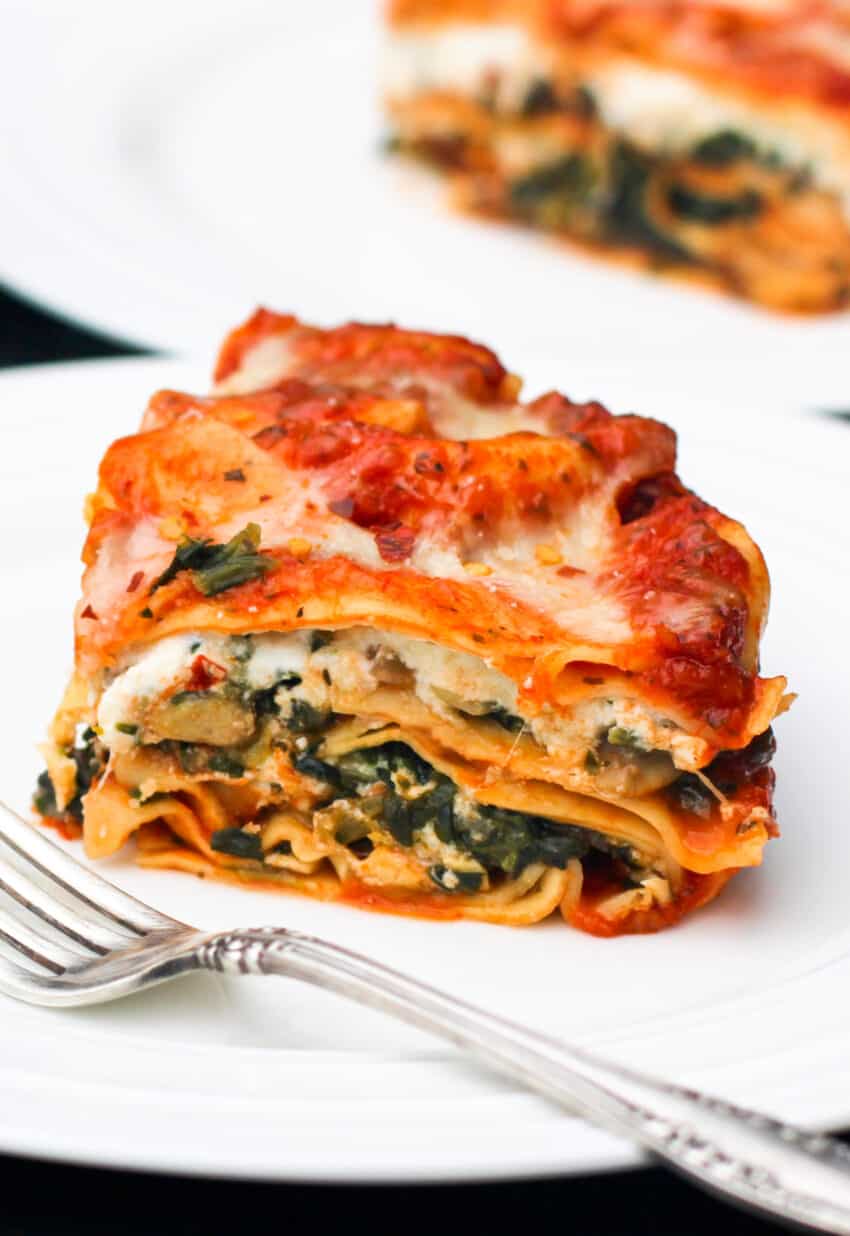 Lasagna served in a white plate