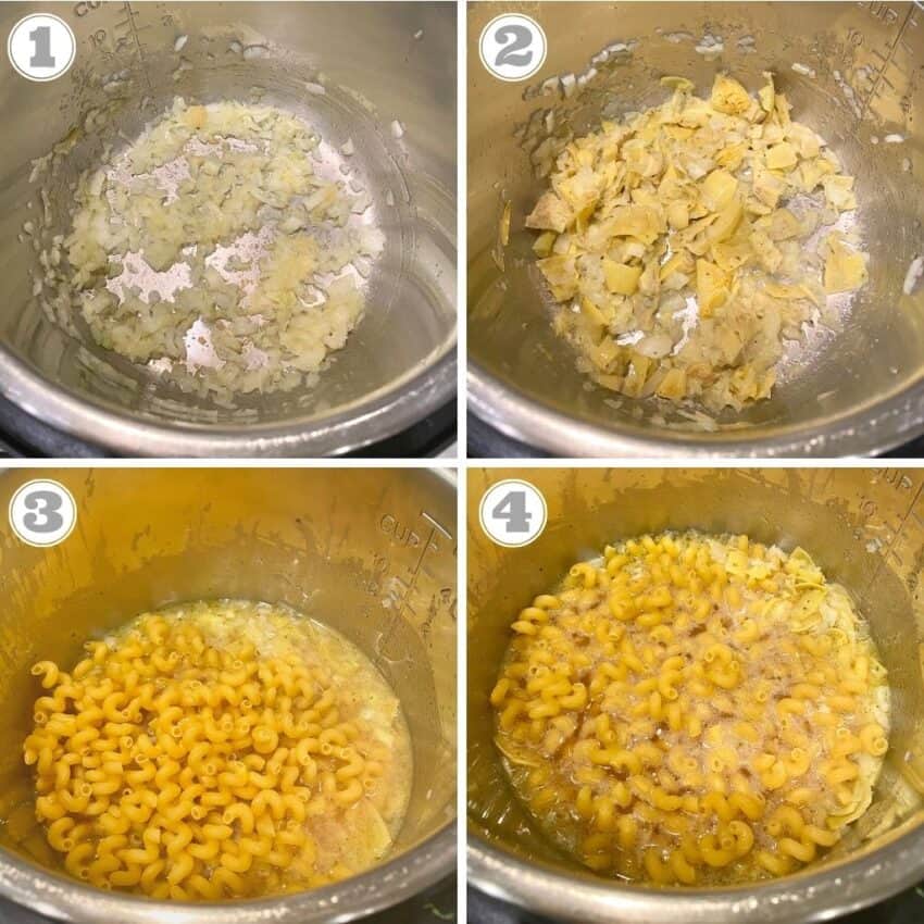 photos one through four of making mac n cheese in the instant pot